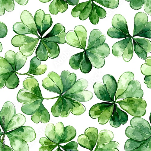 A seamless pattern of watercolor shamrock leaves in soft green hues on a white background