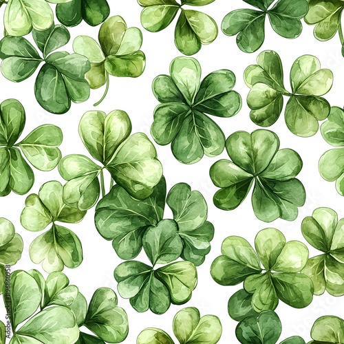 A seamless pattern of watercolor shamrock leaves in soft green hues on a white background