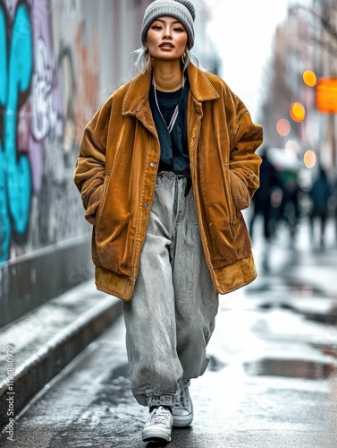 A person wearing an oversized brown jacket paired with baggy pants and sneakers, walking in an urban alleyway.