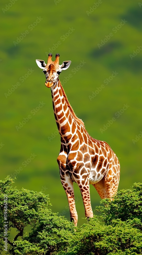Obraz premium A lone giraffe standing elegantly under the shade of a sprawling jungle tree with golden light filtering through the canopy for an elegant wildlife theme 