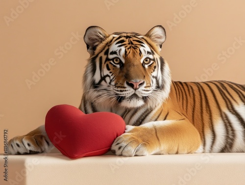 Majestic tiger lounging with heart shaped object on beige background. Wildlife and love concept photo