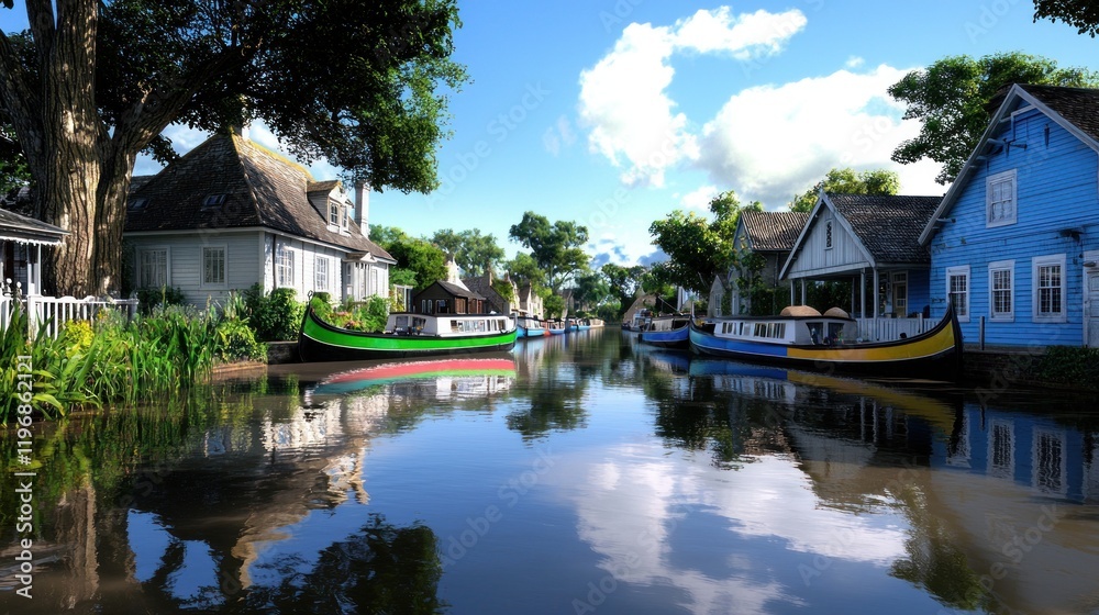 Serene canal scene with colorful boats and charming houses. Serene canal scene with colorful boats and charming houses.