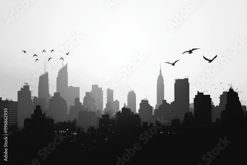Silhouette of New York city skyline in black and white horizontal format