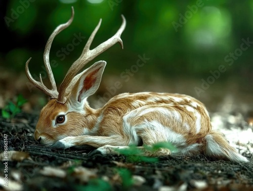 A jackalope lies peacefully on green grass, offering a tranquil and surreal visual.