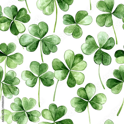 A seamless pattern of watercolor shamrock leaves in soft green hues on a white background