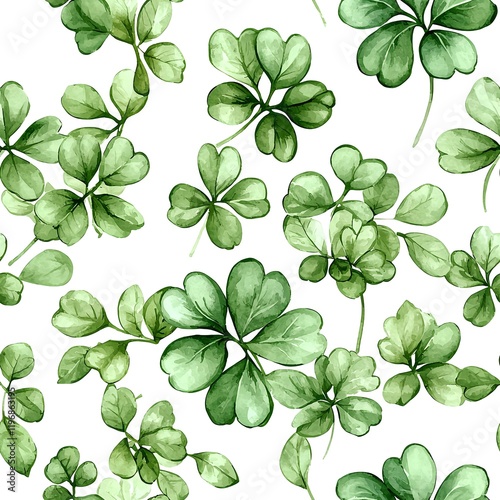 A seamless pattern of watercolor shamrock leaves in soft green hues on a white background