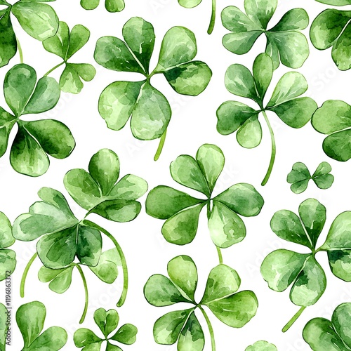 A seamless pattern of watercolor shamrock leaves in soft green hues on a white background