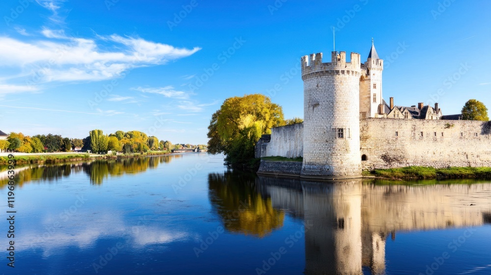 Scenic view of a historic castle by a calm river. Scenic view of a historic castle by a calm river.