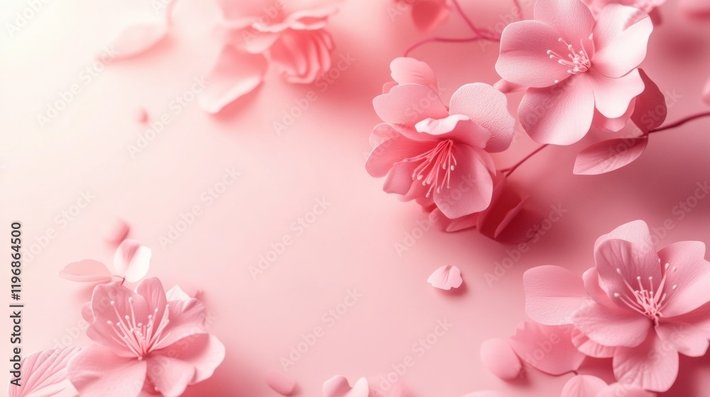 Fototapeta premium Delicate pink cherry blossoms arranged on a soft pink background with ample space for custom text and messages. Generative AI