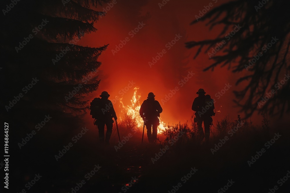 Fototapeta premium Firefighters Silhouetted Against Wildfire at Night