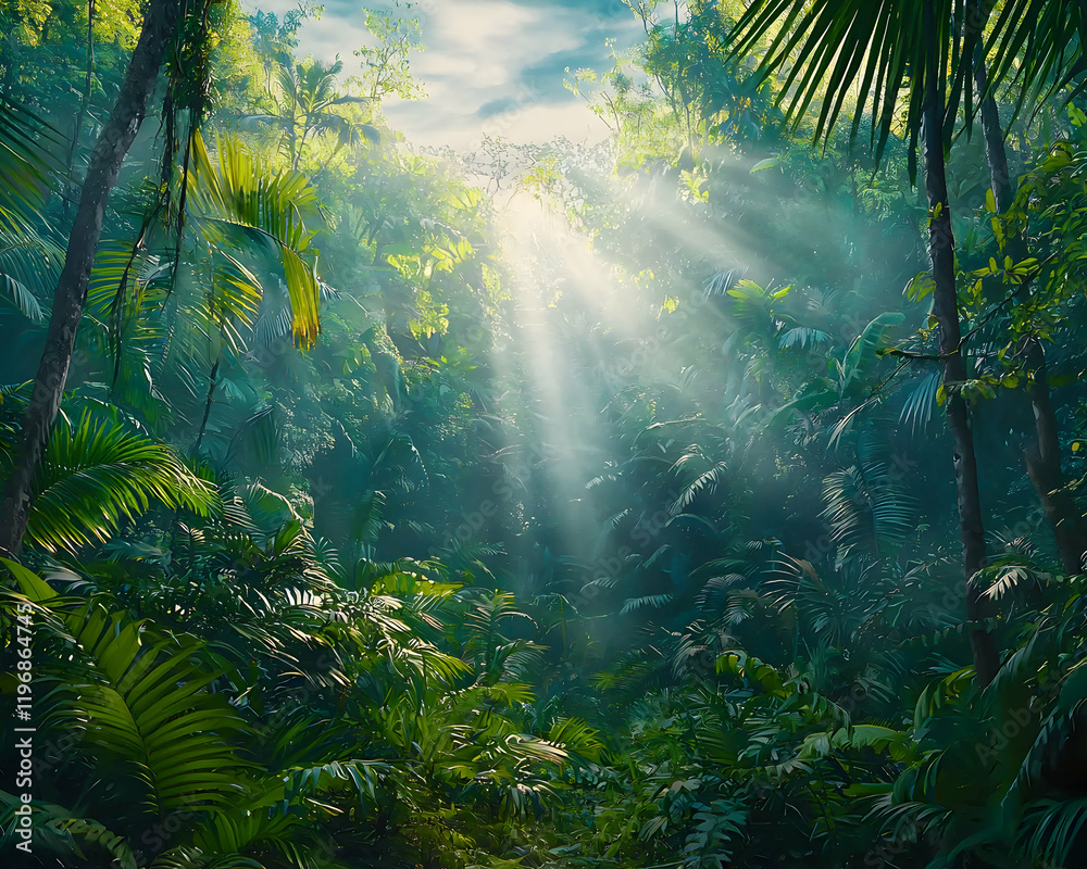 Sunbeams pierce a lush, vibrant tropical rainforest, illuminating the dense foliage and creating a mystical atmosphere. Perfect for travel, nature, and adventure themes. Sunbeams pierce a lush, vibrant tropical rainforest, illuminating the dense foliage and creating a mystical atmosphere. Perfect for travel, nature, and adventure themes.