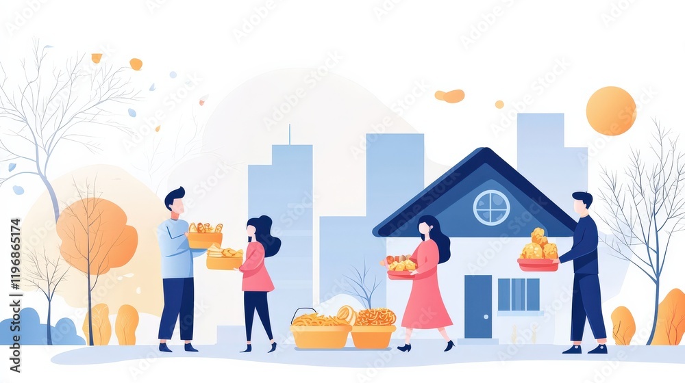 People Carrying Baskets of Produce in a Community Setting with Cityscape Background and Autumn Leaves People Carrying Baskets of Produce in a Community Setting with Cityscape Background and Autumn Leaves