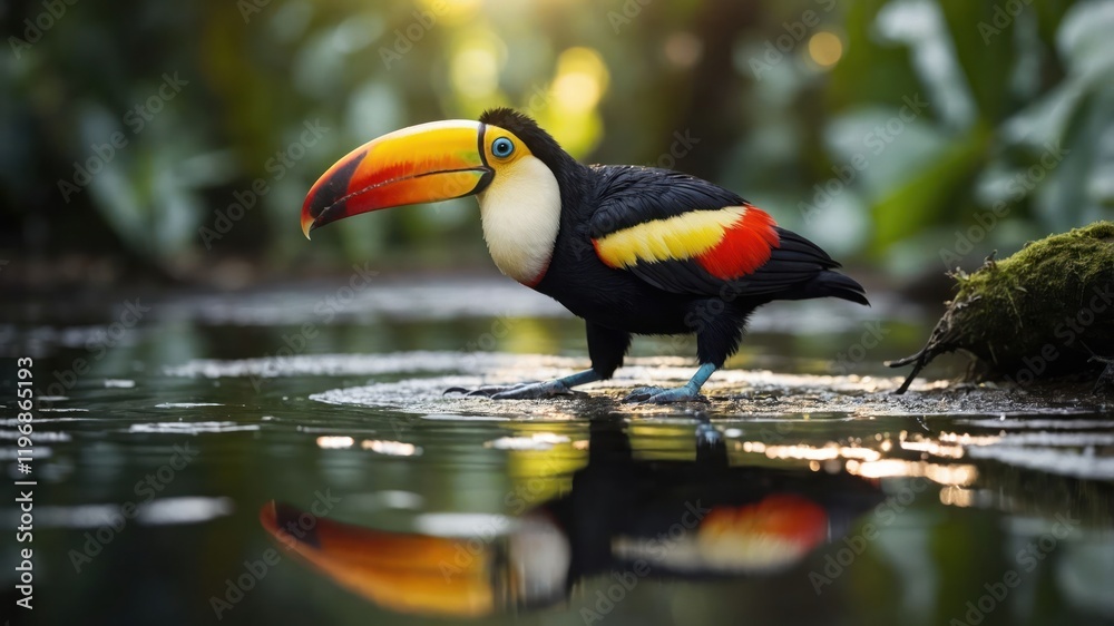 A vibrant toucan stands in shallow water, reflecting its colorful beak in the serene environment. A vibrant toucan stands in shallow water, reflecting its colorful beak in the serene environment.