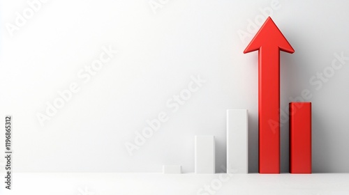 Red arrow pointing up on white bar graph, growth concept.