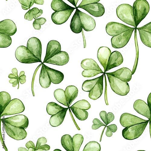 A seamless pattern of watercolor shamrock leaves in soft green hues on a white background