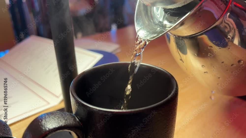 Pouring hot coffee into black coffee cup, mug with on old wood table in morning sunlight, Close-up pouring hot coffee with steaming smoke, slow motion. Hot Drink Concept
