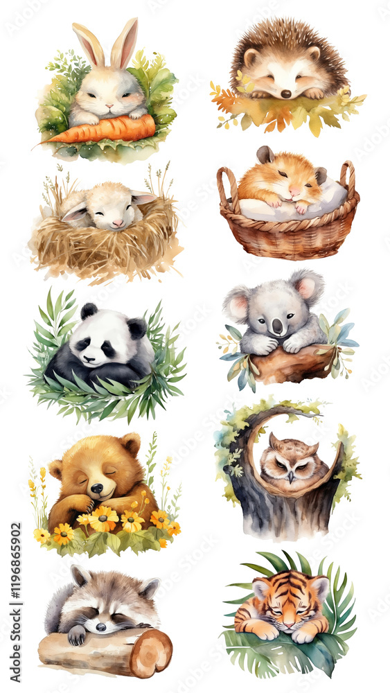 Obraz premium PNG Watercolor sleeping animal illustration element set, transparent background