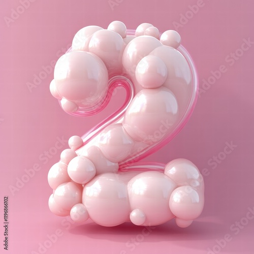 Bubble number two in soft pink hue with glossy texture against pastel background. Generative AI