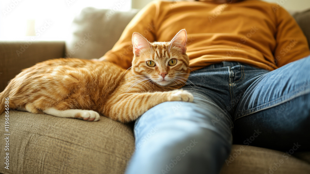 Relaxed orange tabby cat lounging on a person's lap while enjoying a cozy indoor moment Relaxed orange tabby cat lounging on a person's lap while enjoying a cozy indoor moment