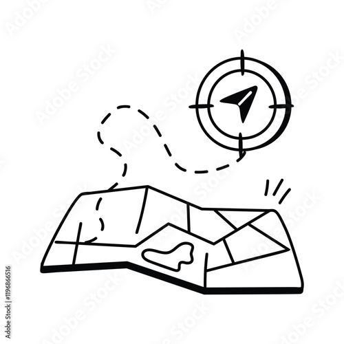 Abstract navigation symbol representing directions and map-based exploration