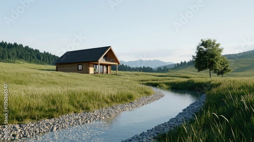 Serene landscape featuring a wooden house beside a winding stream.