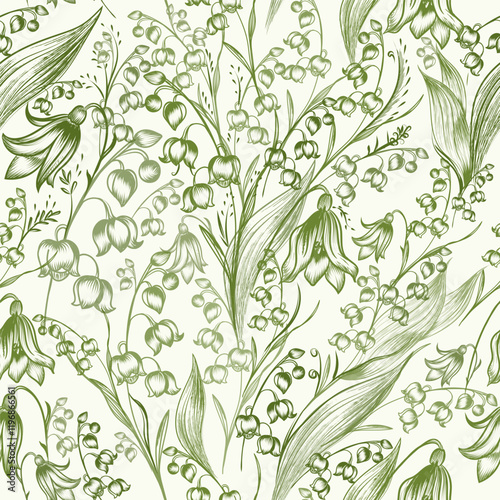 Beautiful vector vintage style pattern with hand drawn lily of the valley flowers in soft green tones