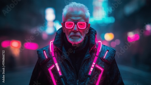 An urban photo featuring an old male model wearing in outfit avant-garde futuristic design. Blurred cyberpunk city as a background.