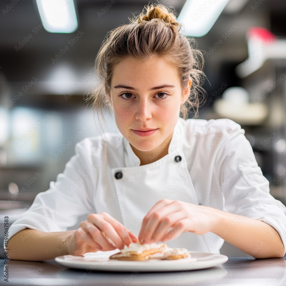Young Female Chef Preparing Gourmet Dish in Modern Kitchen with Focus and Precision Young Female Chef Preparing Gourmet Dish in Modern Kitchen with Focus and Precision