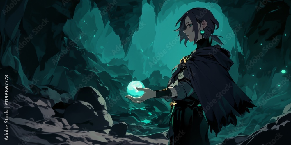 Mystical Figure Holds Enchanting Orb in Dark Cave . Anime style Mystical Figure Holds Enchanting Orb in Dark Cave . Anime style