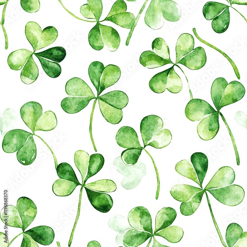 A seamless pattern of watercolor shamrock leaves in soft green hues on a white background