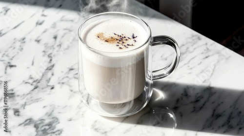 London Fog tea latte in sunlight, marble backdrop, frothy top, creamy tea mug, latte in daylight.