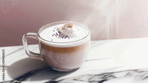 London Fog tea latte with froth, marble backdrop, steaming tea latte, creamy tea in soft light.