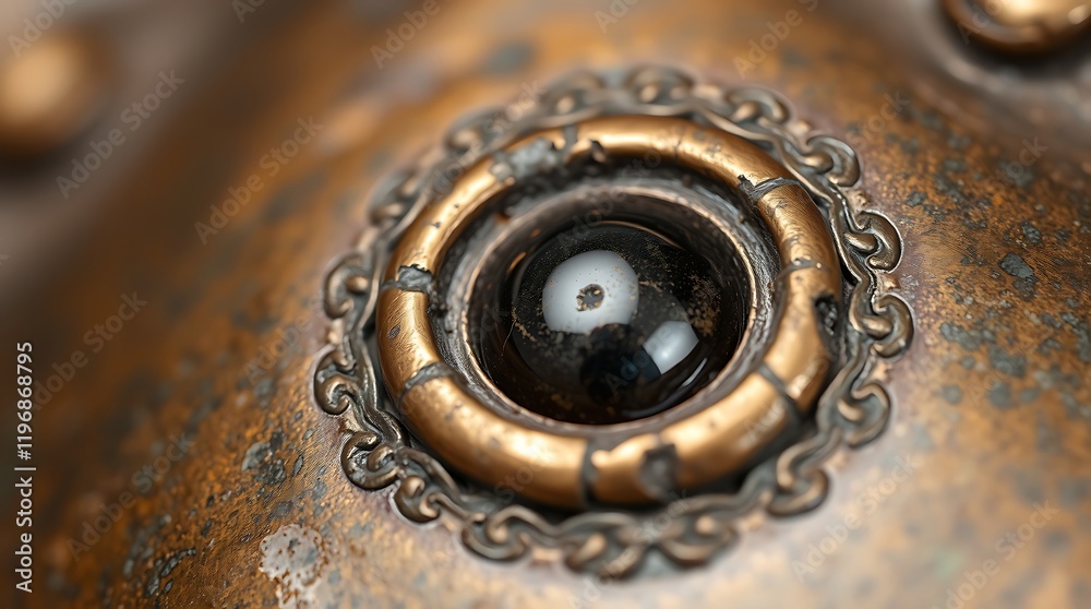 Close-up of ornate copper eye detail. Close-up of ornate copper eye detail.