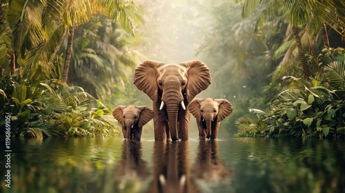 Three elephants wading through a serene jungle river.