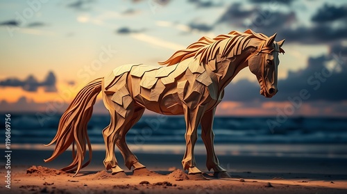 Geometric horse sculpture on beach at sunset. photo