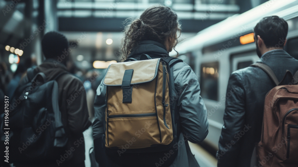 Fototapeta premium Travelers stand in a busy train station with backpacks and work bags waiting for their transport