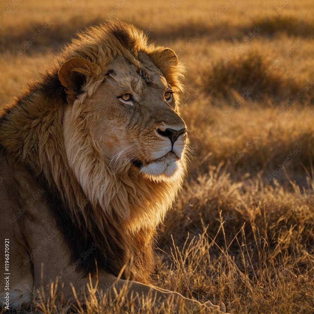 A lion basking in the golden glow of an early morning sun. A lion basking in the golden glow of an early morning sun.