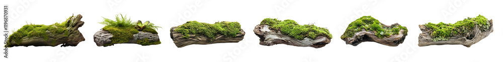 Fototapeta premium Moss driftwood plant png cut out element set, transparent background