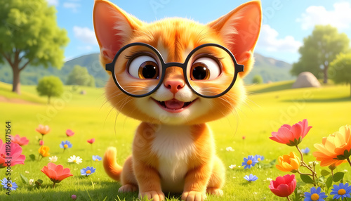 Cartoon style of a cute smiling cat wearing glasses surrounded by flowers in a sunny meadow