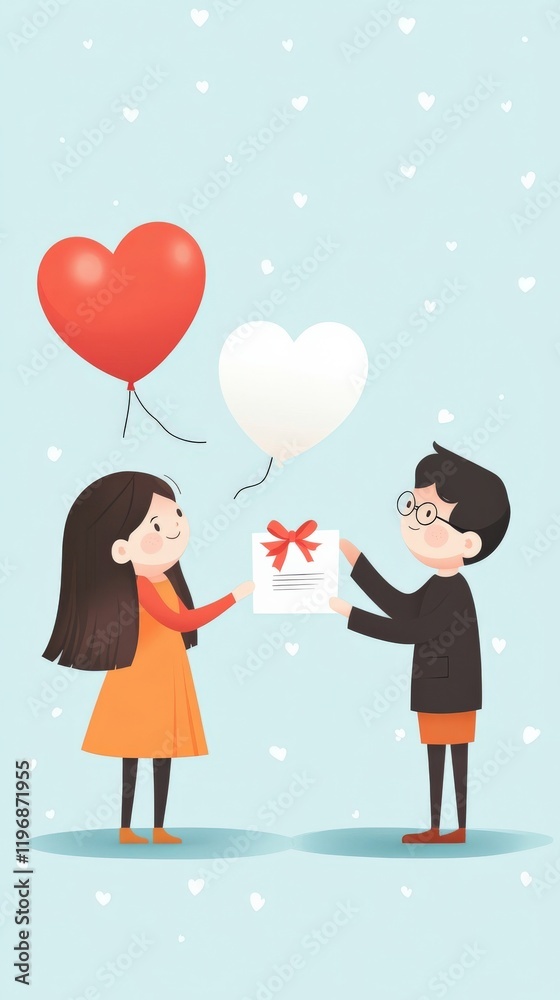 Young couple exchanging love letter with balloons on a pastel background, celebrating romance and affection Young couple exchanging love letter with balloons on a pastel background, celebrating romance and affection