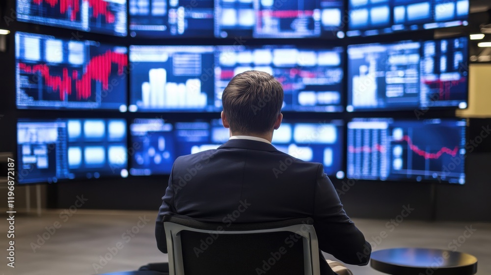 Financial Analyst Reviews Market Data on Multiple Screens Financial Analyst Reviews Market Data on Multiple Screens