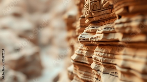 sculpted, textured layers of papier-mâché Cliffs of Wadi Disah, Saudi Arabia, with a blurred bokeh background and material texture  photo