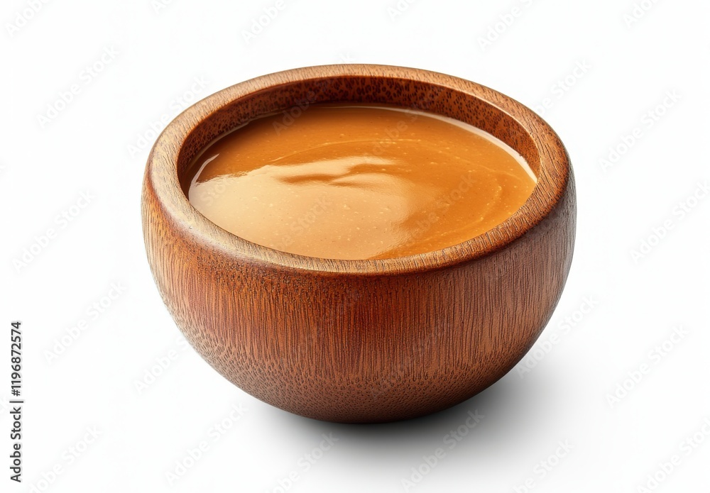 Smooth and Creamy Peanut Butter in a Rustic Wooden Bowl on a White Background Perfect for Culinary and Food-related Stock Photography Usage Smooth and Creamy Peanut Butter in a Rustic Wooden Bowl on a White Background Perfect for Culinary and Food-related Stock Photography Usage