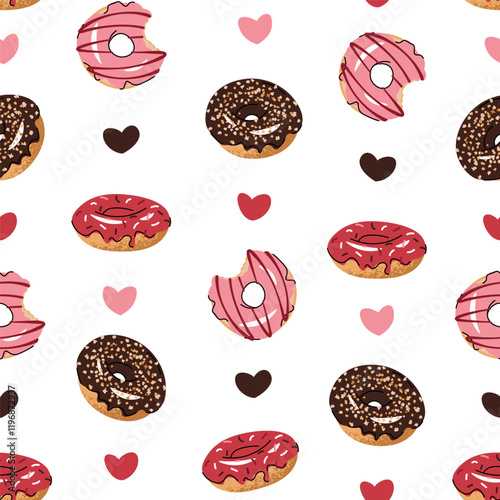 Seamless pattern with glazed donuts and hearts. Repeating texture with delicious dessert for fabric, wallpaper, paper, etc.