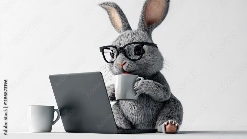 A cute rabbit wearing glasses, sitting at a desk, using a laptop while holding a coffee cup