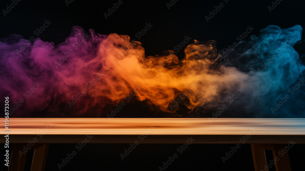 Fototapeta premium A wooden table radiates with mystique as vibrant orange and pink smoke billows up, its swirling shapes enhanced by the depth of the black backdrop.