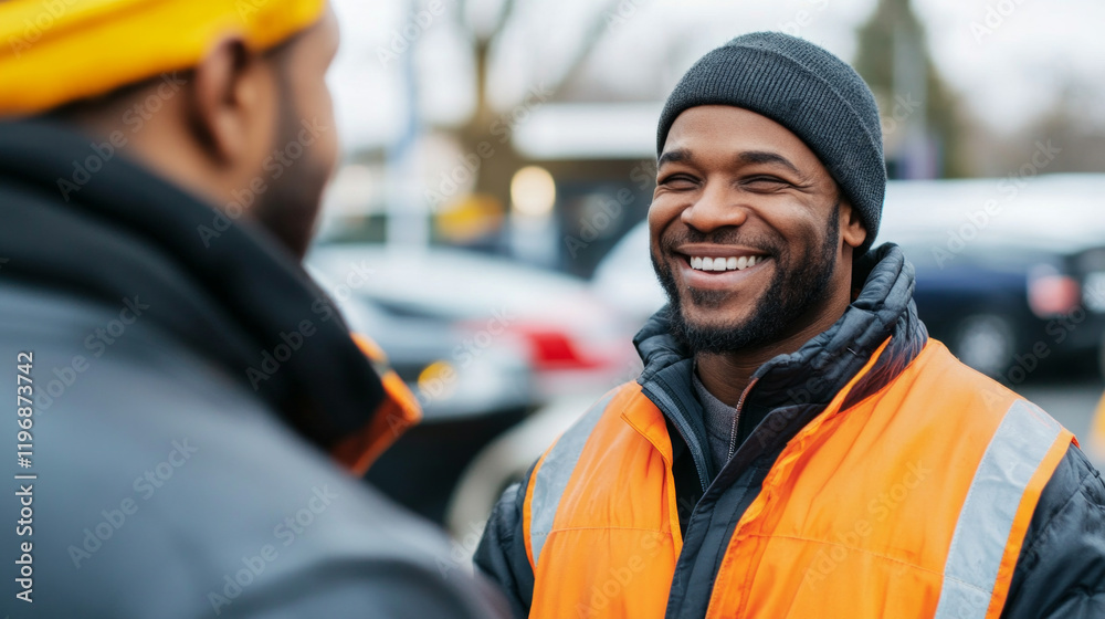 Friendly station worker greeting a customer in a busy transportation hub during the day Friendly station worker greeting a customer in a busy transportation hub during the day