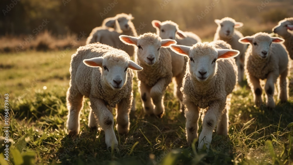 A group of playful lambs running in a sunlit field during golden hour. A group of playful lambs running in a sunlit field during golden hour.