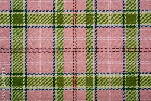 Classic Plaid Textile Pattern fabric with Soft Pink, Olive Green, and Light Blue Intersecting Lines in a Symmetrical Grid Design