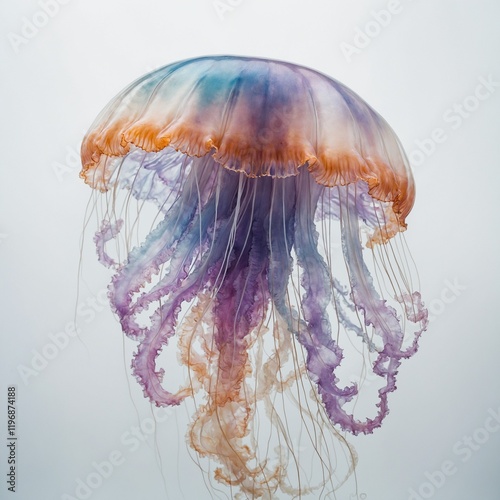 A dreamy jellyfish with soft pastel tentacles flowing like watercolors on a pristine white background.